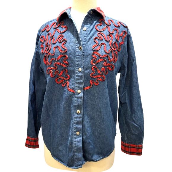 Vtg 80s Denim Shirt Red Plaid Squiggles Collar Cuffs Long Sleeves Petite Small - Picture 1 of 9